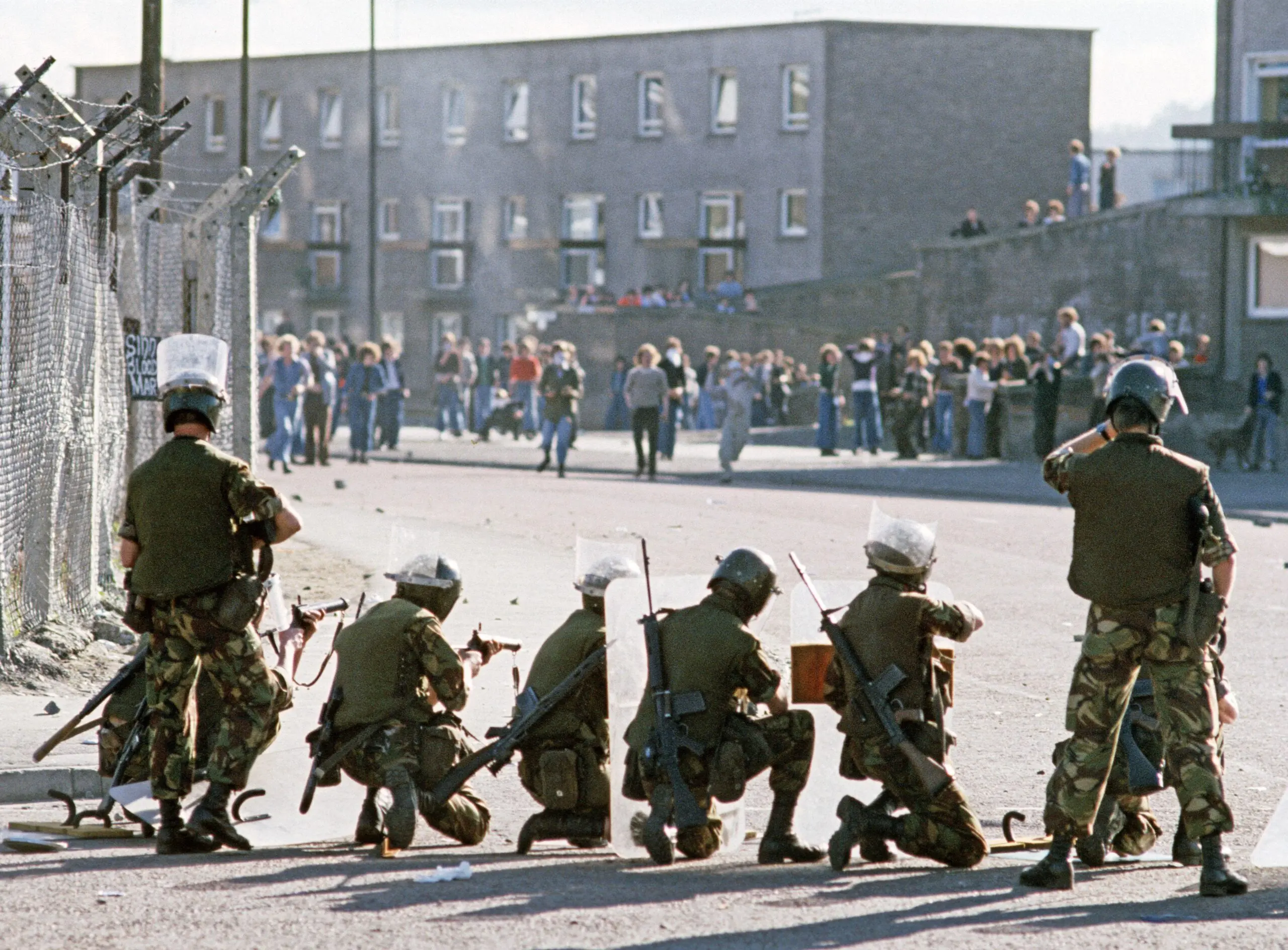 British Army soldiers stand off with a crowd in the streets of Derry in the 1970s.