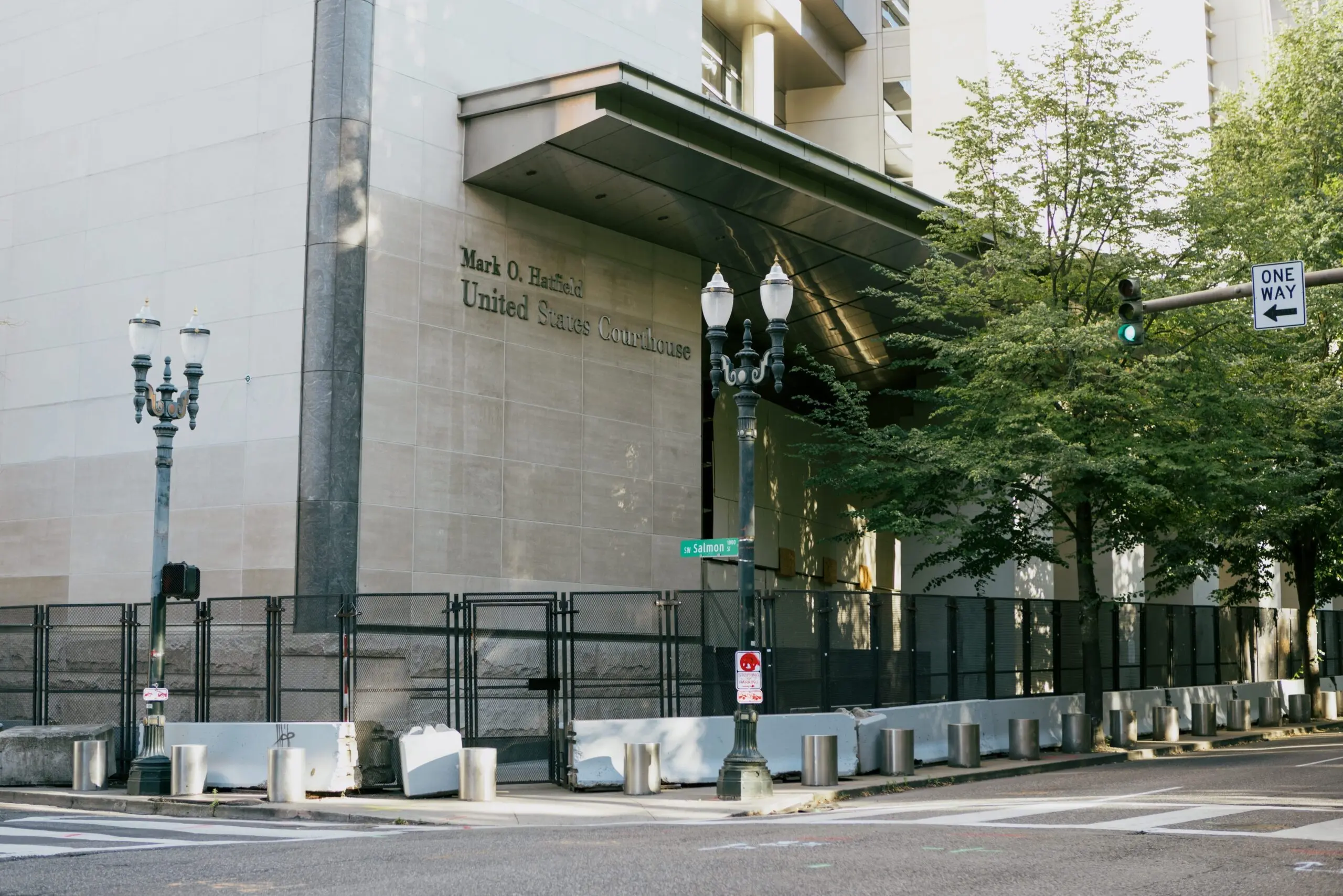 Temporary fences erected in front of a courthouse in Portland, Oregon.