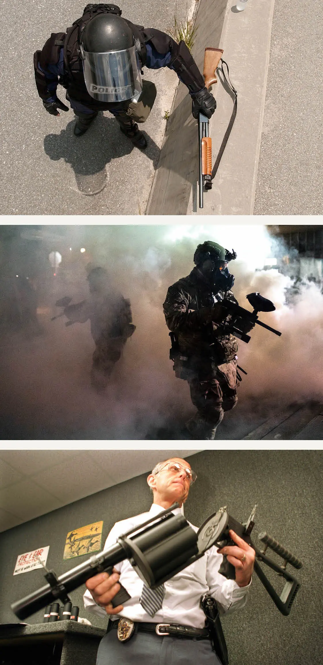 Three images, from top: A helmeted officer holds a shotgun, an armored officer carries an air rifle amidst smoke, and a man shows of a high-powered launcher.