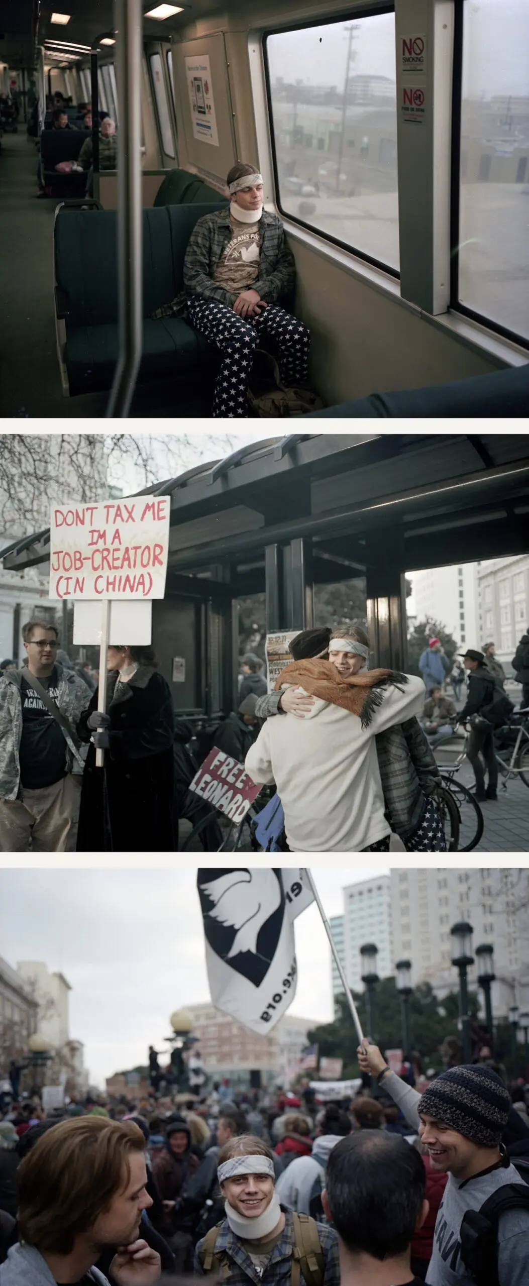 Three pictures, from top: A man rides a train, two people hug while a protester watches, a man smiles amid a crowd of people.