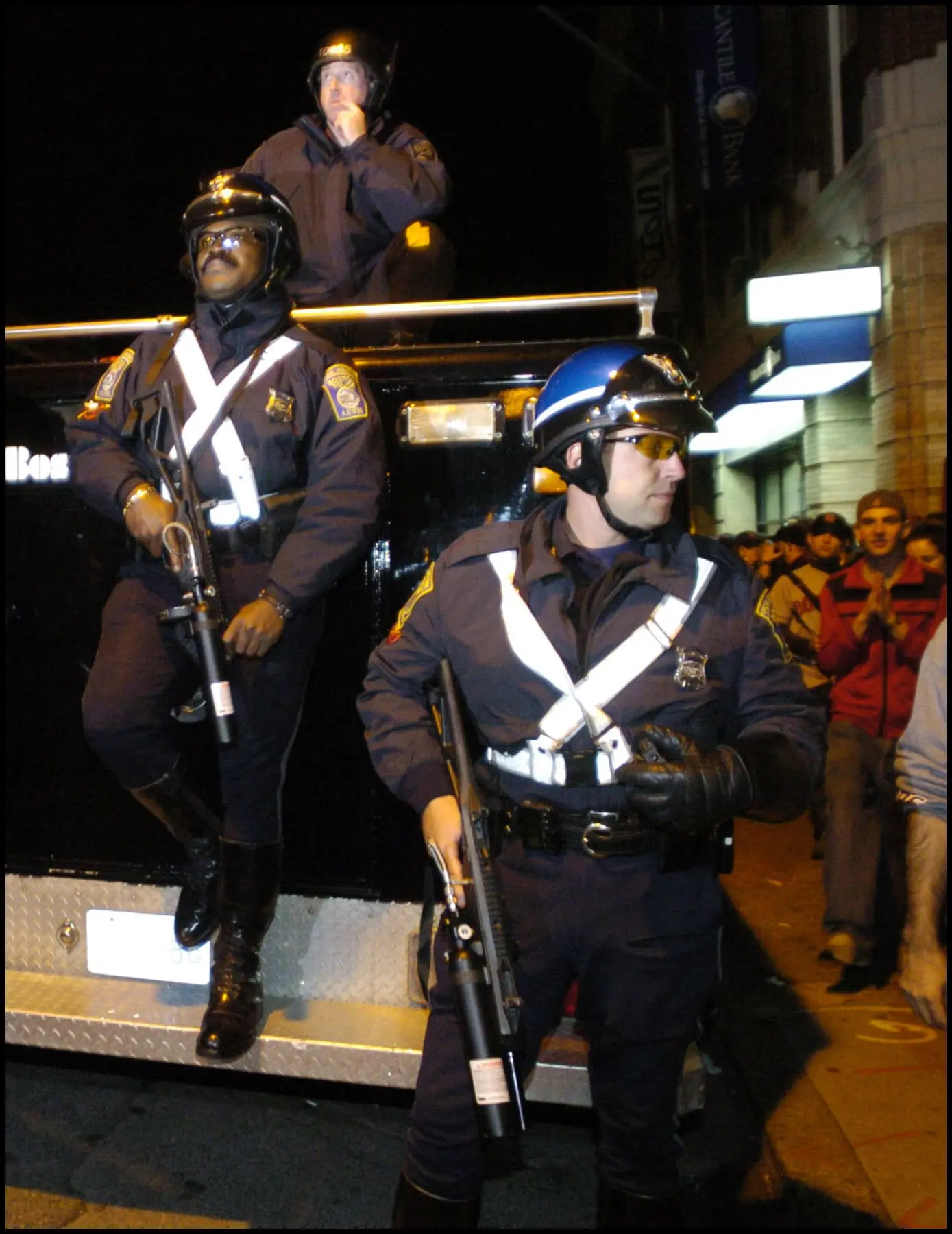 Boston Police officers outside of Fenway Park after Boston won the 2004 American League Championship Series against the New York Yankees.