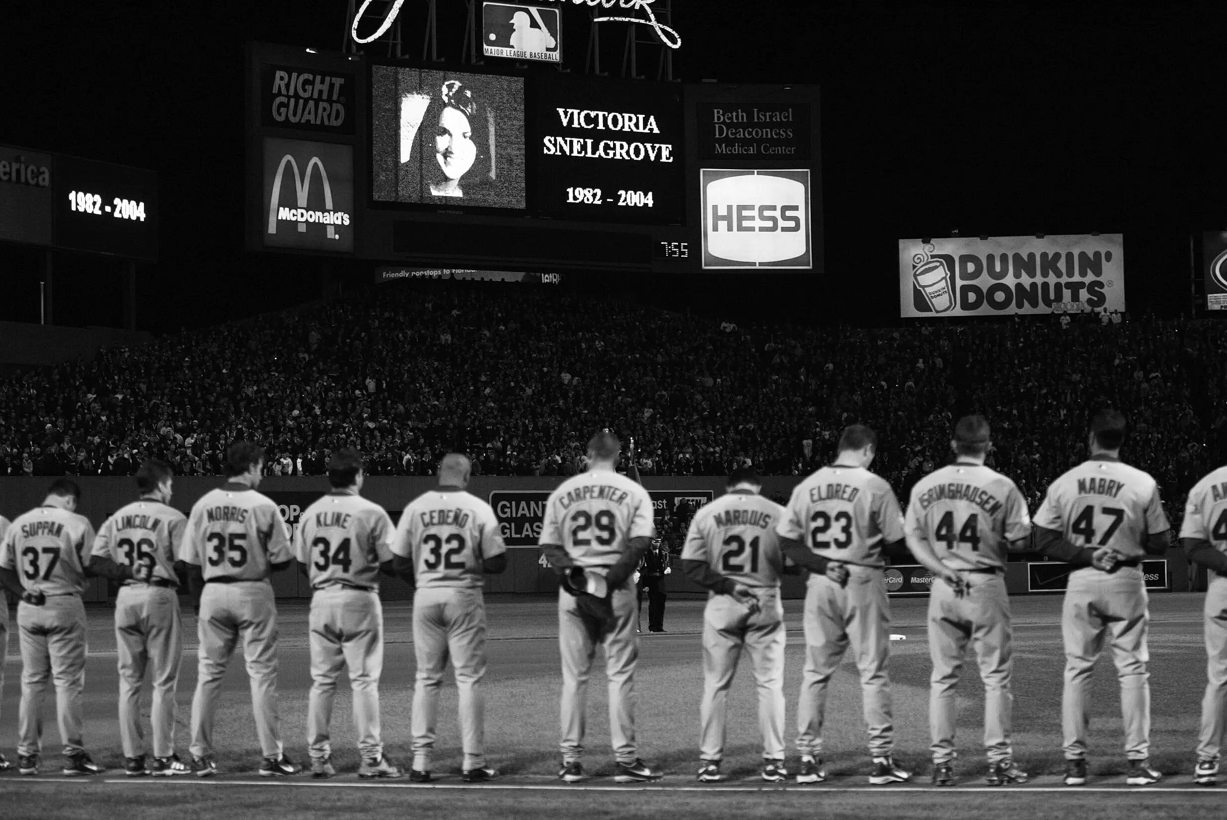 Fenway Park observes a moment of silence for Victoria Snelgrove before the start of Game 1 of the 2004 World Series on October 23, 2004.