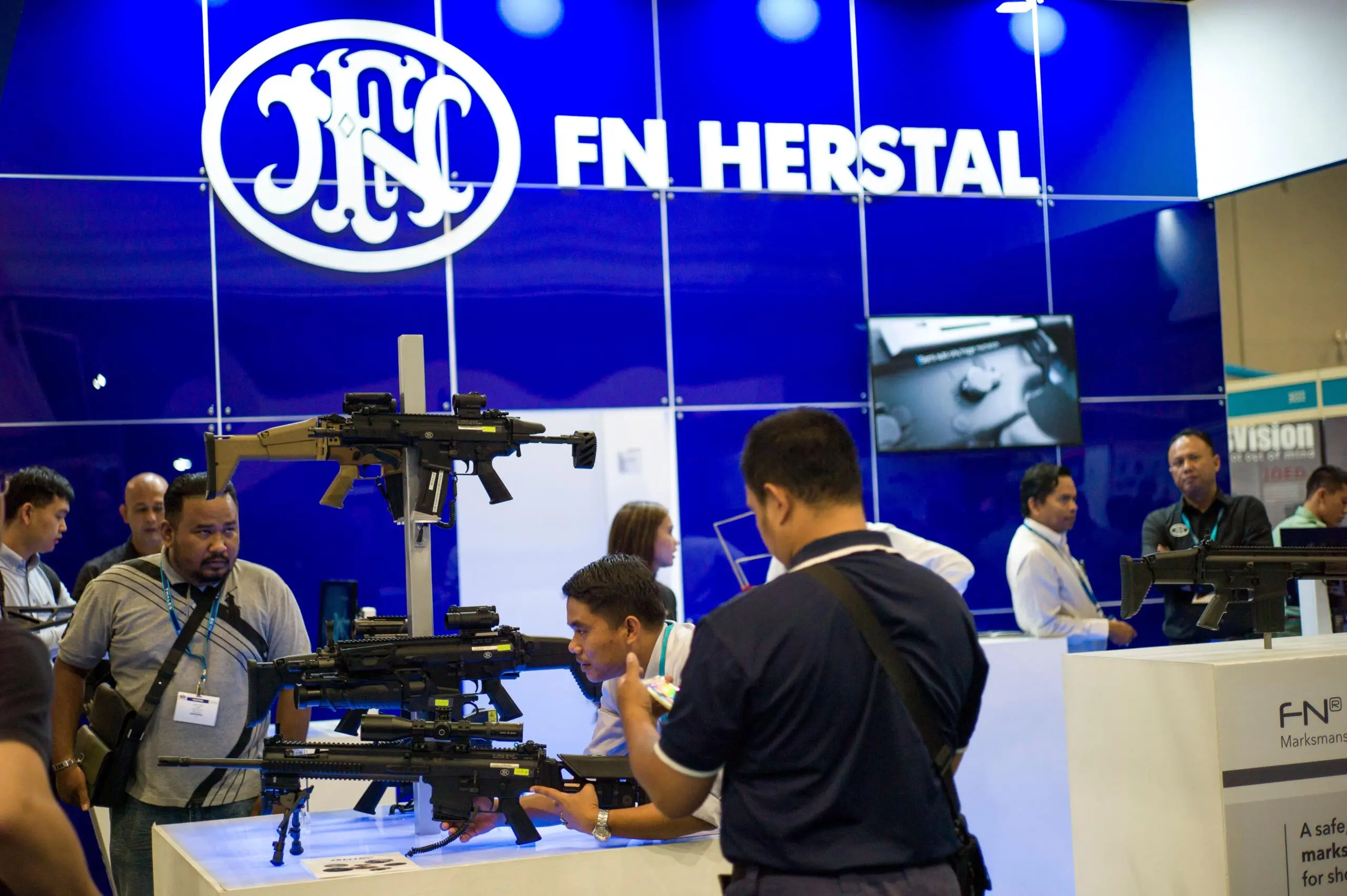 An FN Herstal exhibition booth at the Defence Services Asia 2018 international exhibition in Kuala Lumpur, Malaysia.