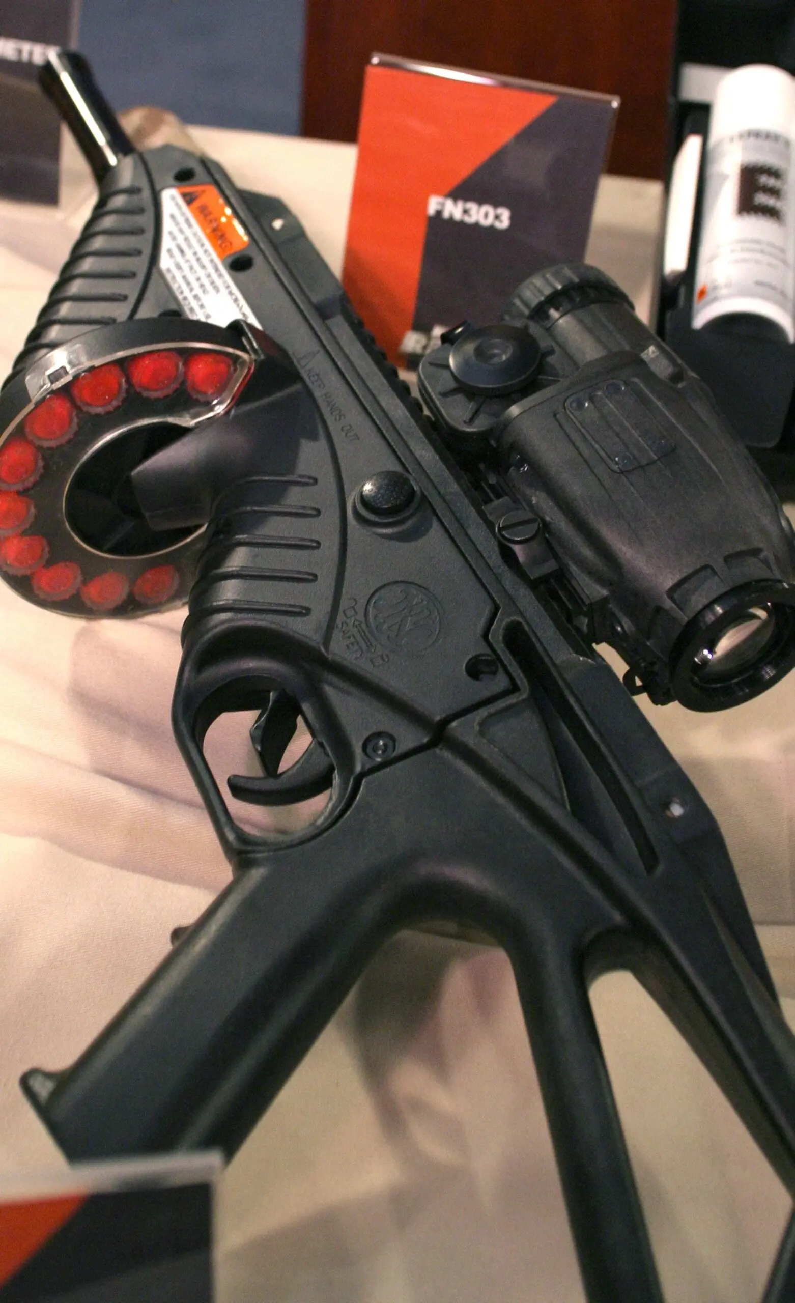 An FN303 on display during a press conference showing off weapons for the war on terror at the Pentagon in Virginia, on Aug. 12, 2005.